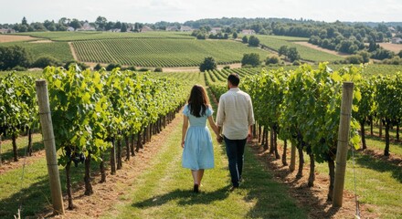 Couple walking hand in hand through vineyard serene countryside natural light romantic concept
