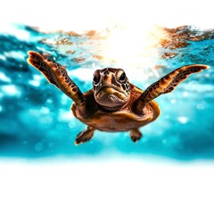 Majestic Sea Turtle Gracefully Swimming in Crystal Clear Ocean Waters Under Bright Sunlight