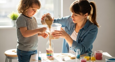 A woman and a child playing with sand in a kitchen.