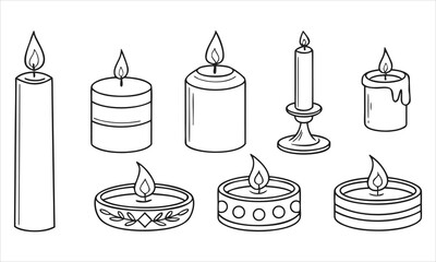 Collection of hand drawn candles with flickering flames in outline style