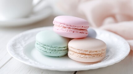 french macaron close up, pastel colors, delicate texture, elegant white plate, minimalistic background, soft lighting