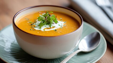 french pumpkin soup close up, creamy texture, garnished with cream and herbs, served in elegant bowl, fine dining presentation