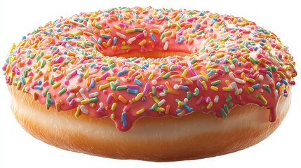 Sprinkled donut pink icing, colorful sprinkles, round pastry, sweet treat