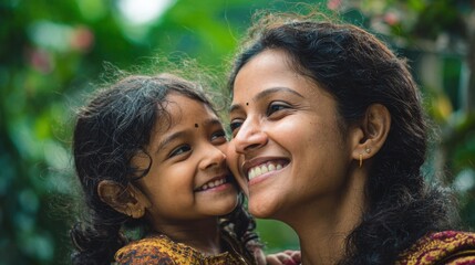 Heartwarming family portrait capturing mother and daughter smiling together outdoors showcasing love bonding happiness innocence and emotional connection in natural light