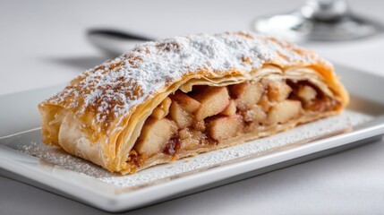 german strudel close up, flaky pastry, apple and cinnamon filling, powdered sugar topping, elegant white plate, fine dining presentation