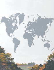 Obraz premium A muted grey world map floats above an autumnal landscape
