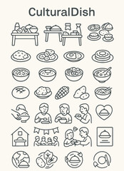 A set of line art icons representing cultural dishes, communal meals, and the global tradition of sharing food
