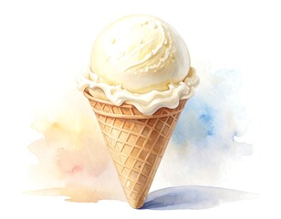 A single scoop of vanilla ice cream in a waffle cone, digitally painted in a watercolor style