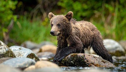 Obraz premium Young brown bear cub standing on rocks near a river in a lush green forest
