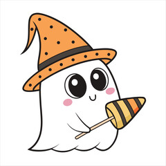 Cute cartoon ghost wearing a halloween hat holding a striped lollipop
