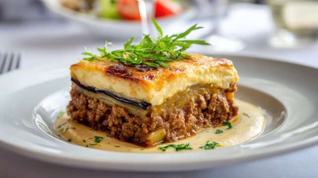 greek moussaka close up, layered eggplant, minced meat, creamy bГгВ chamel top, fine dining presentation, soft lighting
