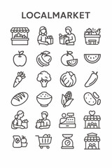 Fototapeta premium A comprehensive set of thin line icons representing a local market and grocery shopping, featuring fresh produce, food items, and retail elements