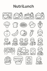 School lunch and childhood nutrition vector icon set with healthy food and happy kids
