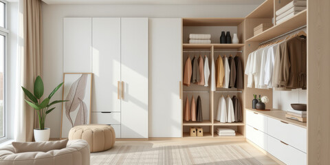 Modern wardrobe minimalist bedroom closet with natural light and neutral tones