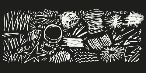 Pencil chalk draw scribbles, sketchy strokes, arrows and stars in crayon texture. Naive doodle shapes for posters. Abstract highlight elements.