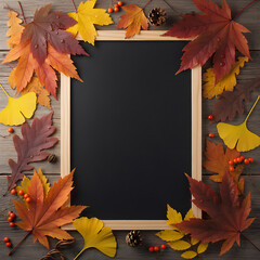Autumn Leaves Frame With Blank Chalkboard For Text Or Design