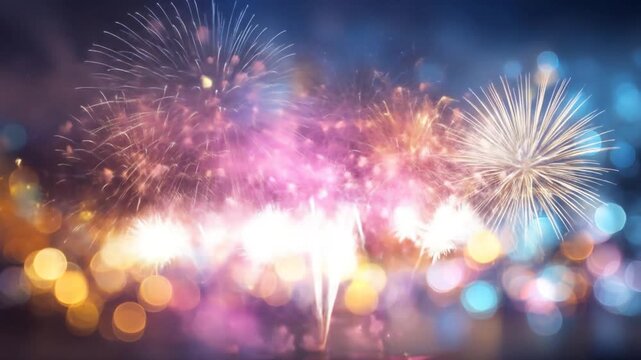 Fireworks explode in a colorful display against a bokeh-lit background