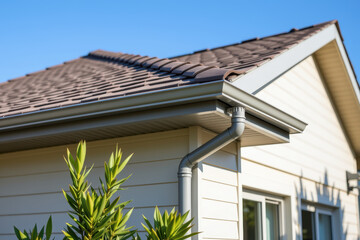 Residential roofline with gutter and downspout framing sunny suburban home