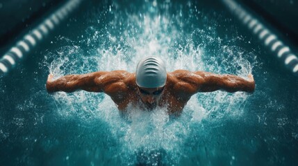 Professional swimmer in water demonstrating athletic performance during training session at modern swimming pool with focus on fitness and endurance