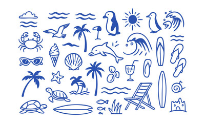 Beach Line Icon Set Minimal Vector illustration Outline Collection, with summer doodles like waves, palm trees, shells, crabs, sunglasses, and surfboards, t-shirt prints, easily editable. © TrustMaker Design