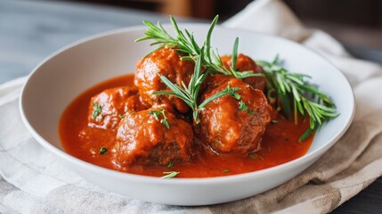 homemade meatballs with tomato sauce close up, juicy meatballs, rich tomato sauce, served on simple plate, cozy home style