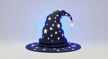 A blue wizard hat with yellow stars and sparkles isolated on white background, a magical accessory for a costume party or halloween celebration