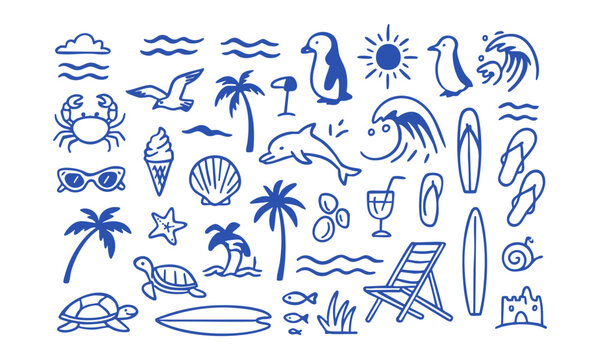 Beach Line Icon Set Minimal Vector illustration Outline Collection, with summer doodles like waves, palm trees, shells, crabs, sunglasses, and surfboards, t-shirt prints, easily editable.