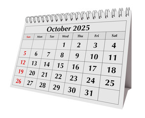 October 2025 calendar. Page of annual business desk month autumn calendar isolated png