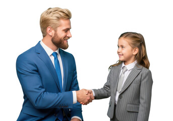 Man and young girl in suits shaking hands isolated on transparent background