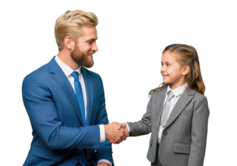 Man and young girl in suits shaking hands isolated on transparent background