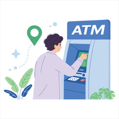 Person using an atm machine for financial transactions and withdrawals