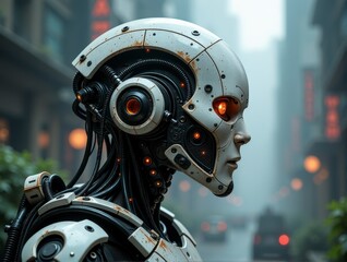 Fototapeta premium A detailed humanoid robot stands in a city street, highlighting futuristic AI and robotics concepts.