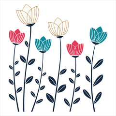 Whimsical hand drawn flowers in vibrant colors on white background