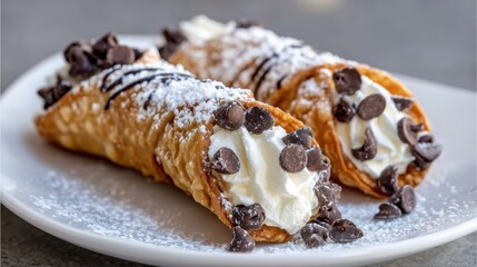 italian cannoli close up, crispy pastry shell, creamy ricotta filling, chocolate chips, elegant plate, restaurant style