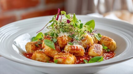 italian gnocchi close up, potato dumplings, tomato sauce, parmesan, fresh basil, elegant plate, fine dining style