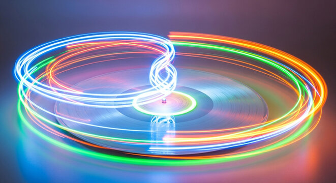 A mesmerizing display of light trails created by a spinning vinyl record, ideal for illustrating concepts of sound, motion, and artistic expression