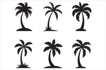 Fototapeta premium coconat tree silhouette vector set, tropical tree icon design, beach palm clipart, summer tree illustration, coconut tree collection, black palm drawing bundle on white background.