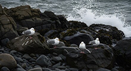 Seagulls on rocks coastline