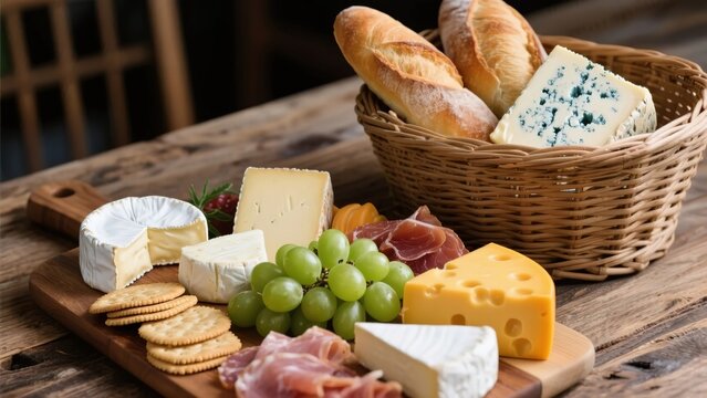 Assorted cheeses, bread, grapes, and cured meats arranged on a wooden board with a basket of bread in the background