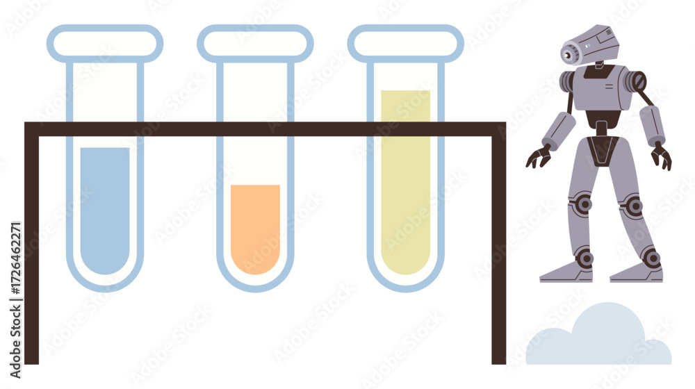 Poster robot beside test tubes filled with liquid. ideal for innovation, research, artificial intelligence,