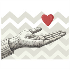 Hand reaching out to catch a floating red heart against a chevron background
