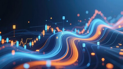 Digital visualization of financial data with dynamic wave patterns and candlestick charts