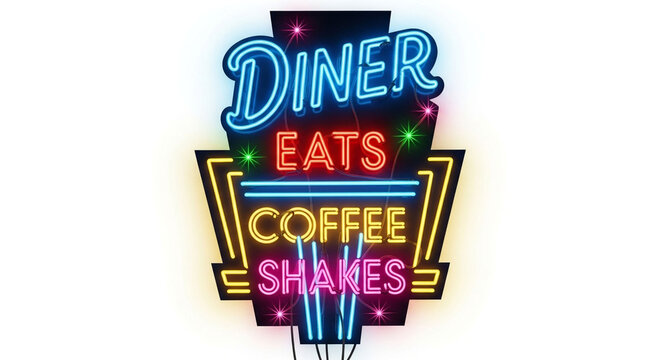 Neon diner sign featuring coffee, eats, and shakes isolated on white background, evoking a classic american roadside experience