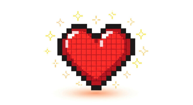 Pixel art red heart with black outline and sparkling stars isolated on white background, representing love, health, and retro gaming charm