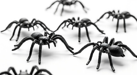 A group of black plastic spider toys scattered on a white background creating a spooky or playful Halloween decoration scene