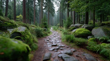Wet Stone Path Through Green Forest With Towering Trees In Overcast Weather
