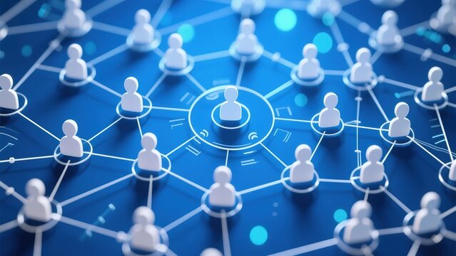 Digital network of interconnected user icons on a blue background, representing social or professional connections.