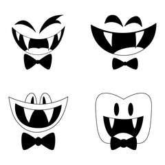 A set of four different cartoon images of vampire faces wearing a bow tie, showcasing unique expressions and teeth 