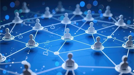 Digital network of interconnected user profiles on a blue background with glowing connections