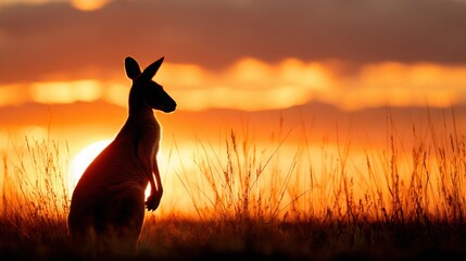 kangaroo silhouette close up, dramatic sunset sky, golden horizon, realistic wildlife photography
